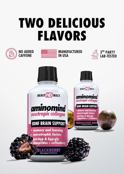HEALTH DIRECT - AminoMind - Nootropic Collagen Supplement for Brain Health and BDNF - Pro-Hyp & Hyp-Gly Dipeptides, Coffeeberry Antioxidants - Passionfruit Guava - 400 ml (28 Servings)