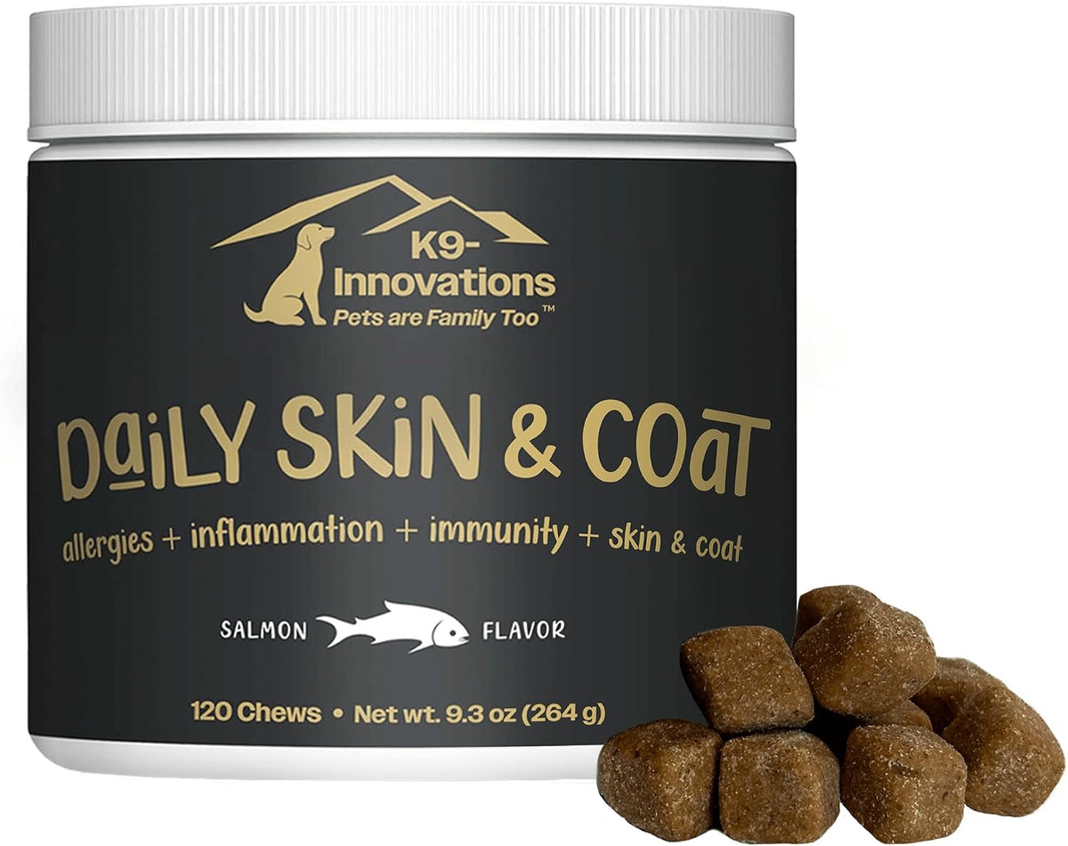 K9-Innovations - Daily Skin & Coat Dog Chews Salmon Flavour - Reduce Itching & Paw Chewing, Omega-3 & Vitamin C for Skin Health - 1-4 Month Supply (120 Chews) - görsel 1