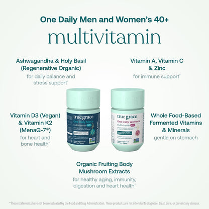 True Grace One Daily Men's Multivitamin 40+ (30 Vegan Tablets) and One Daily Women’s Multivitamin 40+ (30 Vegan Tablets) – Non-GMO – 30-Day Supply of Each