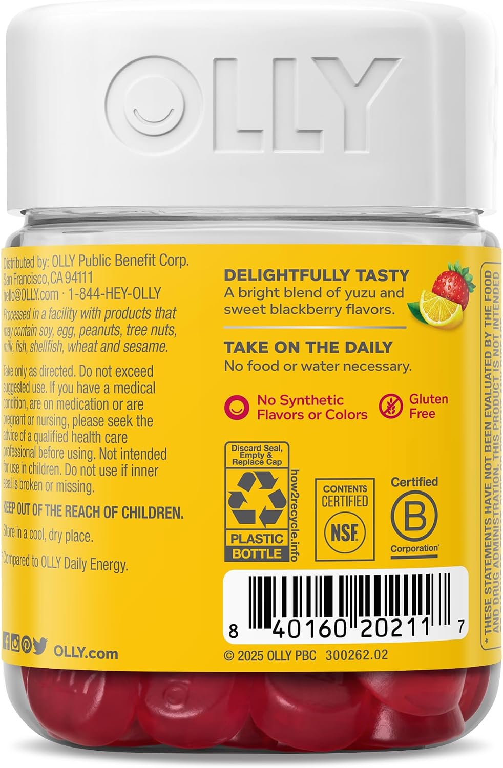 OLLY Extra Strength Daily Energy Gummies - Caffeine Free Cellular Energy Production, 1000 mcg Vitamin B12, CoQ10, Goji Berry, Berry Yuzu Flavoured, 60 Count (30 Day Supply) - görsel 7