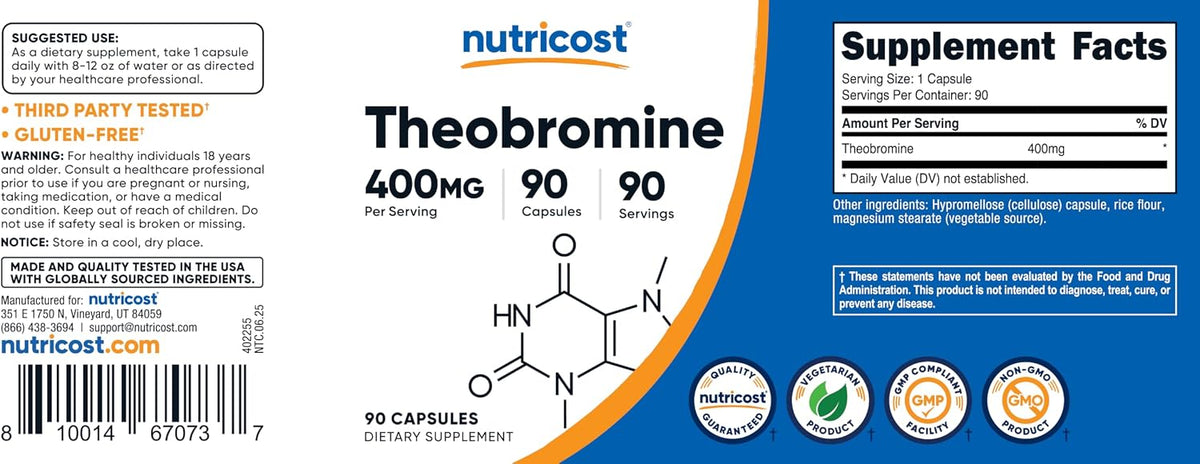 Nutricost Theobromine 400mg, 90 Vegetarian Capsules – Gluten-free, Non-GMO - görsel 6