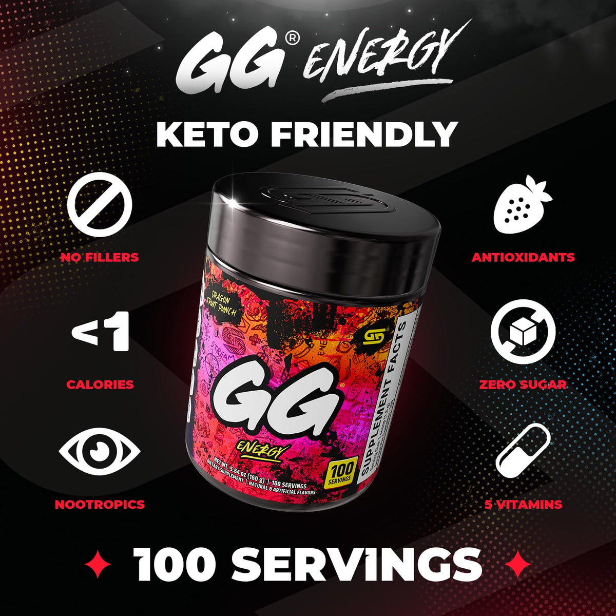 Gamer Supps GG Energy - Dragonfruit Punch (100 Servings) - Keto-Friendly Gaming Energy and Nootropic Blend, Sugar-Free + Organic Caffeine + Vitamins, Powdered Drink - görsel 3