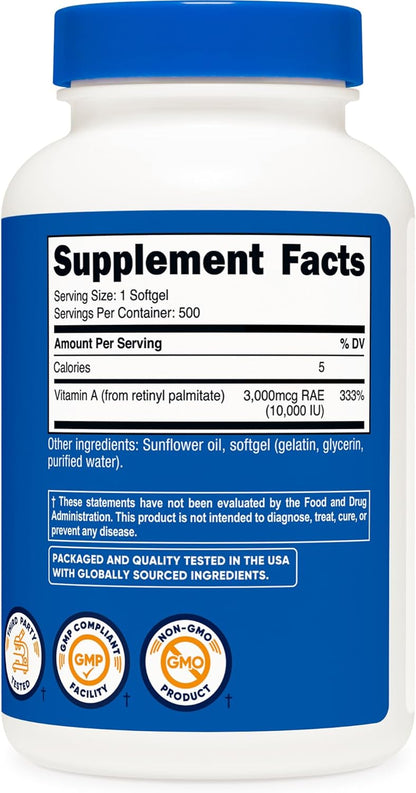 Nutricost Vitamin A 10,000 IU, 500 Soft gel capsule Capsules