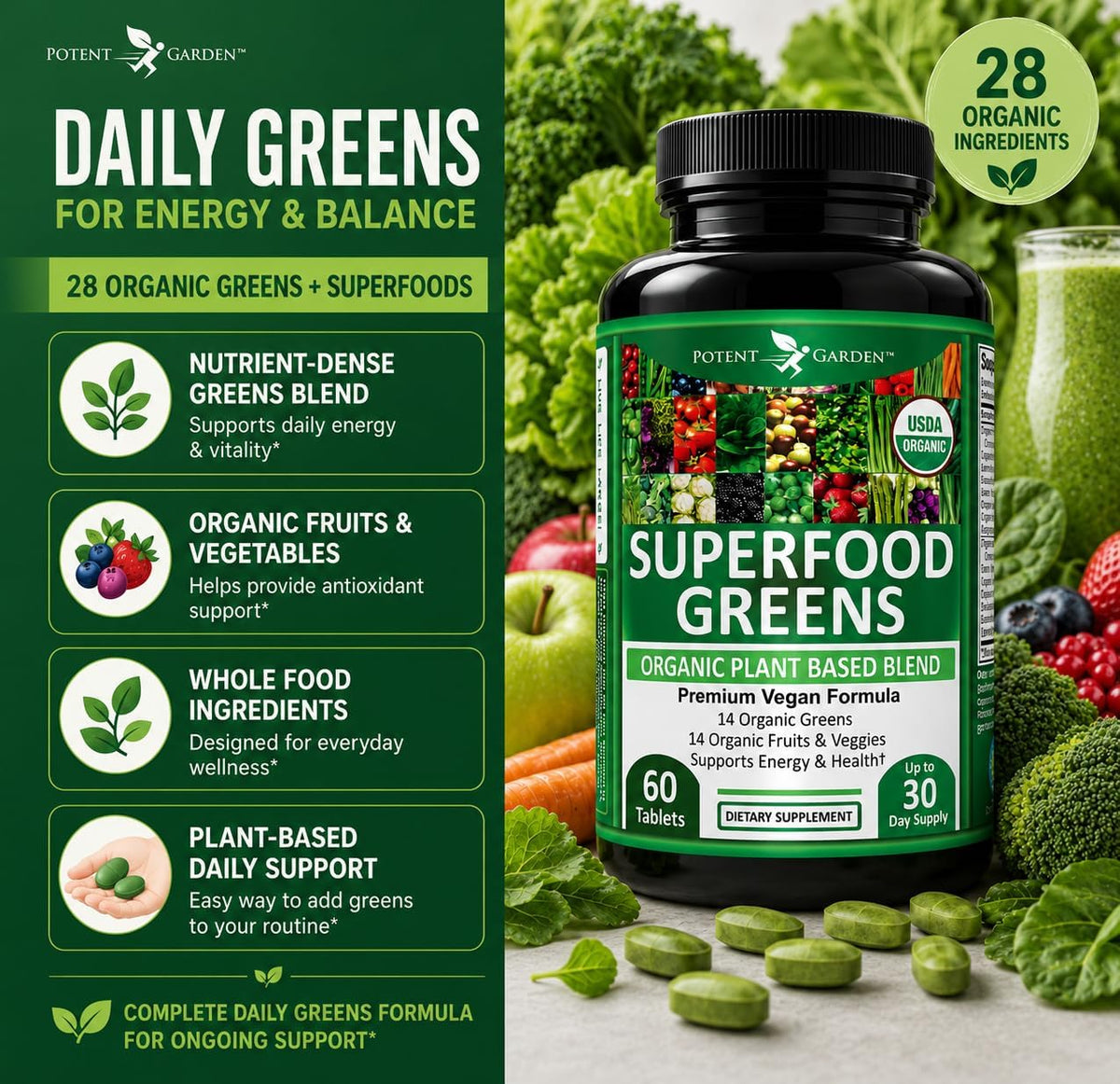 Potent Garden Super Greens Capsules - Organic Fruits and Vegetables Supplement, 60 Capsules - görsel 6