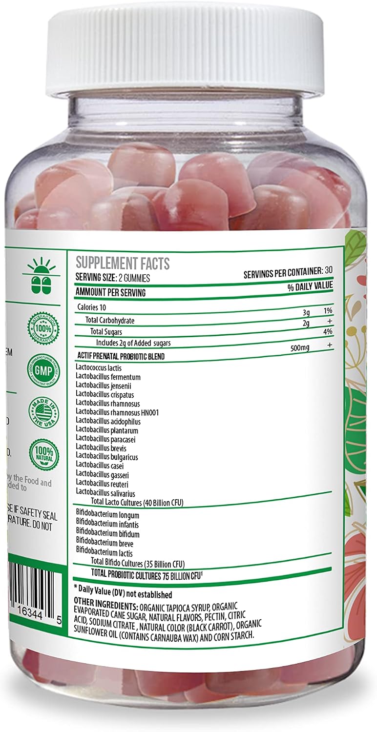ACTIF Prenatal Probiotic Maximum Strength – 75 Billion CFU, 20 Strains, Immunity & Gut Support, Zero Nausea Gummies, Strawberry, 60 Count - görsel 3