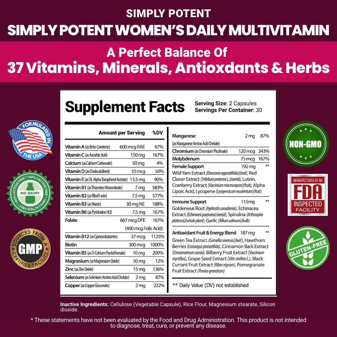 Simply Potent Women's Multivitamin – 37 Vitamins & Minerals with Biotin & Green Tea Extract (60 Capsules) - görsel 3