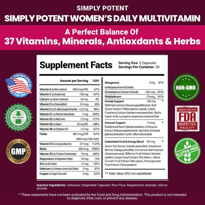 Simply Potent Women's Multivitamin – 37 Vitamins & Minerals with Biotin & Green Tea Extract (60 Capsules)