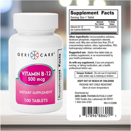 GeriCare Vitamin B12 500mcg Tablets, 100 Count