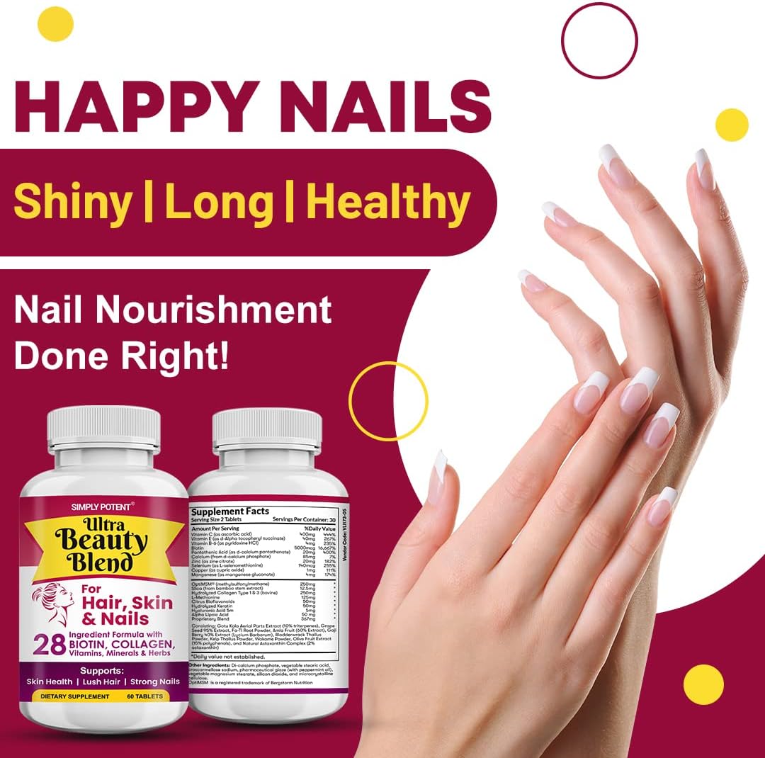 Simply Potent Hair Skin and Nails Vitamins - 28 Ingredient Anti-Ageing Supplement with Biotin 5000mcg, Keratin, MSM, Collagen, Hyaluronic Acid - 60 Tablets - görsel 6