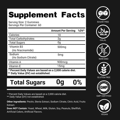 Vitamin B3 Gummies Niacinamide 500mg – Flush-Free Niacinamide Supplement with Vitamins A & E – 120 Vegan Gummies – Non-GMO, Sugar-Free, Gluten-free – 2-Month Supply