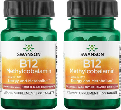 Swanson Vitamin B12 Methylcobalamin - Natural Black Cherry Flavoured 2500 mcg 60 Tablets (2 Pack)