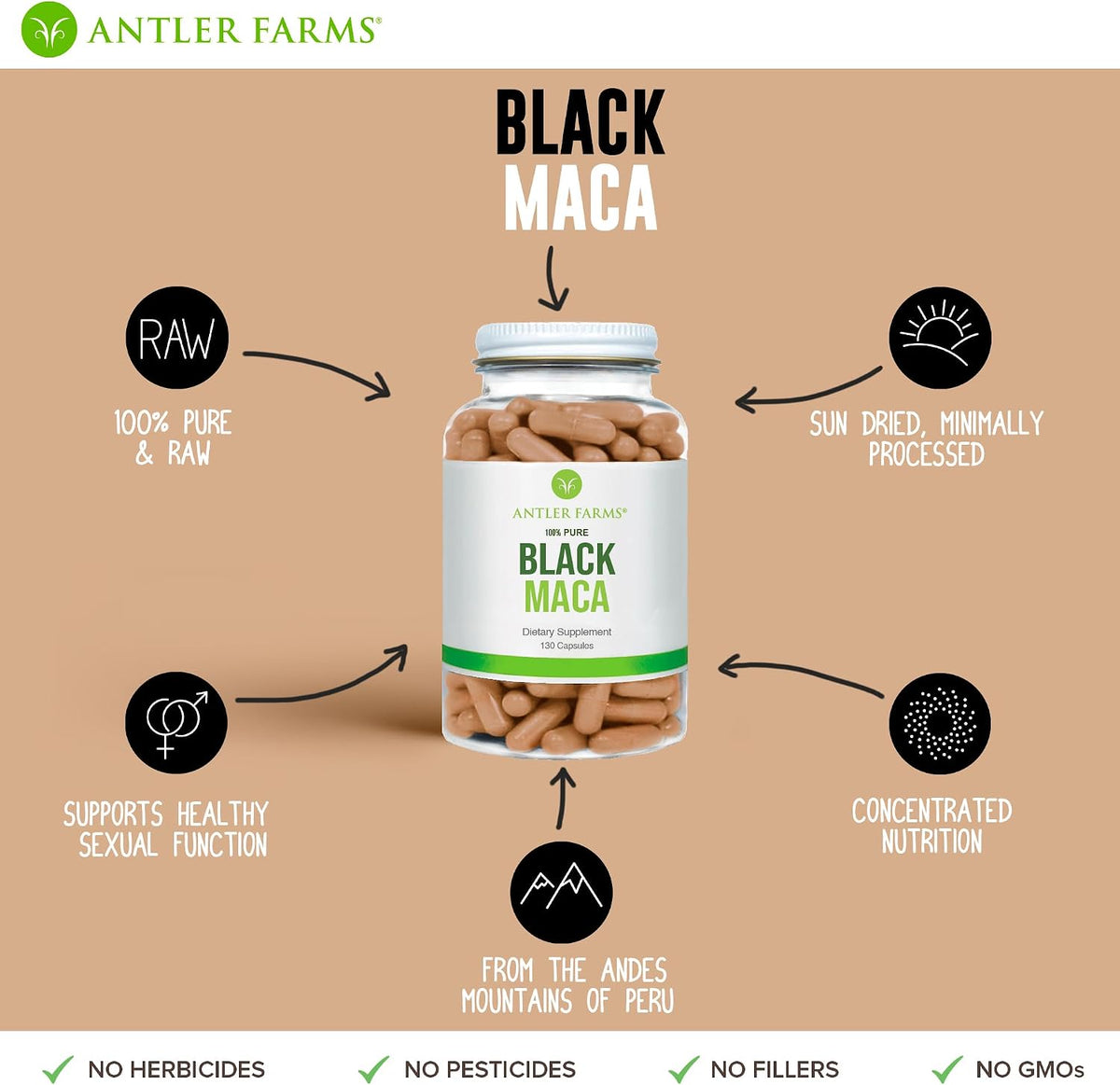 Antler Farms 100% Pure Black Maca Root – 130 Capsules, 1500 mg - görsel 5