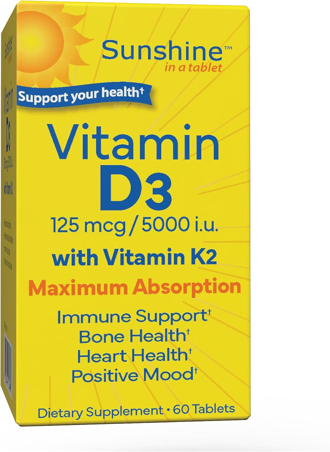 Sunshine Vitamin D3 with Vitamin K2 – 5000 IU D3 & 100 mcg K2, 60 Tablets - görsel 1