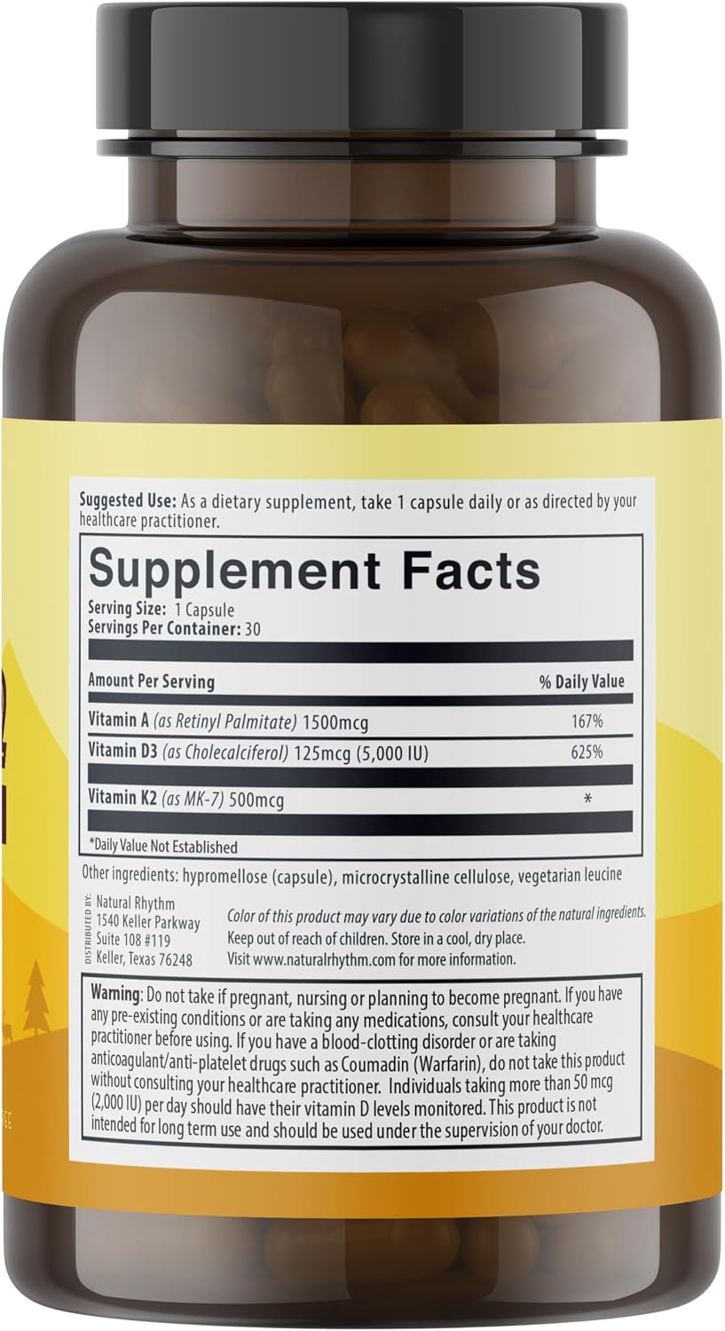 Natural Rhythm Vitamin D3 5000 IU + K2 MK-7 with Vitamin A - Vegetarian Capsules (30 Capsules) - görsel 7