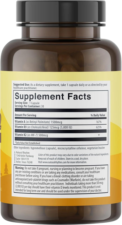 Natural Rhythm Vitamin D3 5000 IU + K2 MK-7 with Vitamin A - Vegetarian Capsules (30 Capsules)