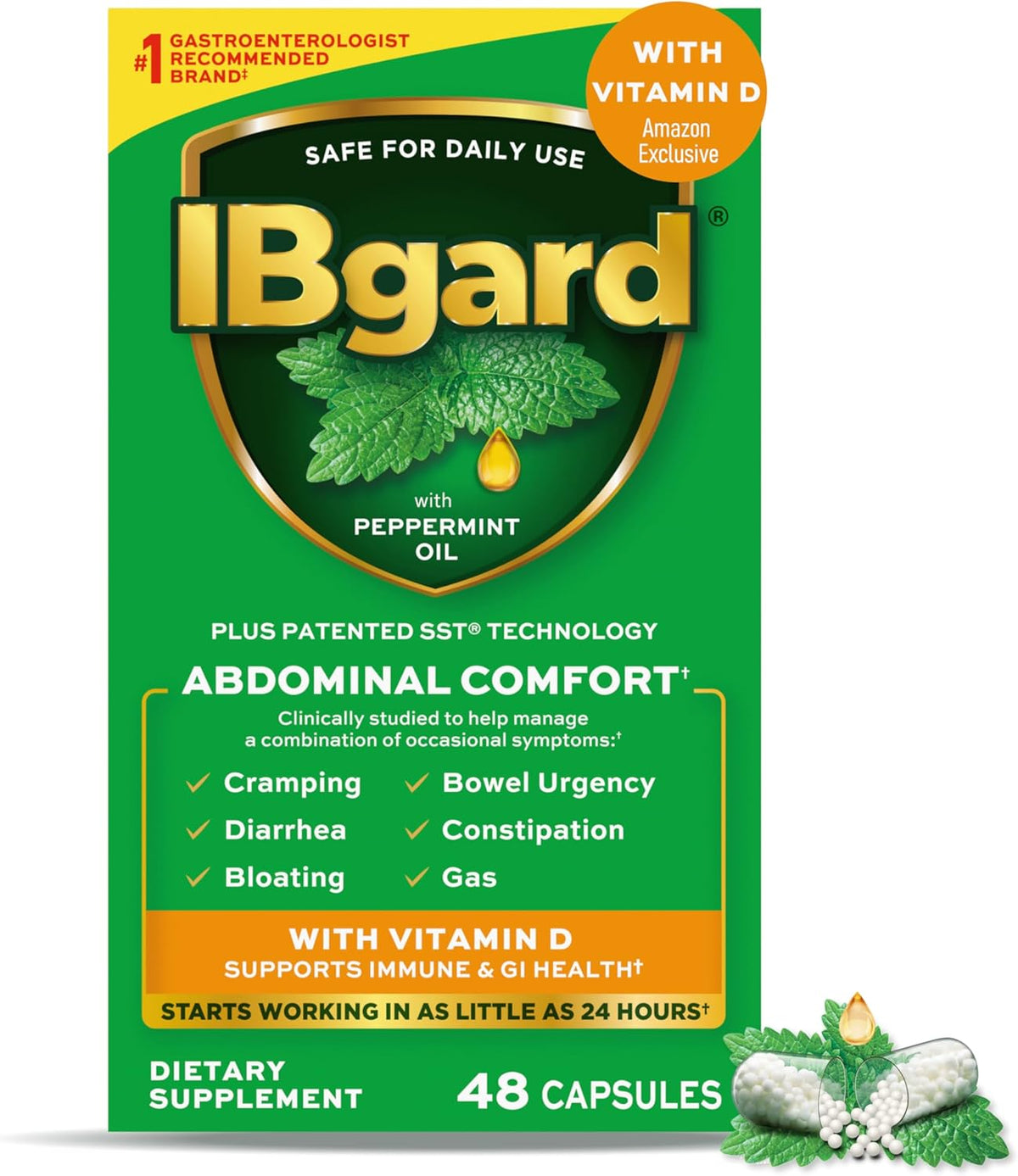 IBgard With Vitamin D, Peppermint Oil Capsules, Supports Immune and Gut Health, 48 Capsules - görsel 1
