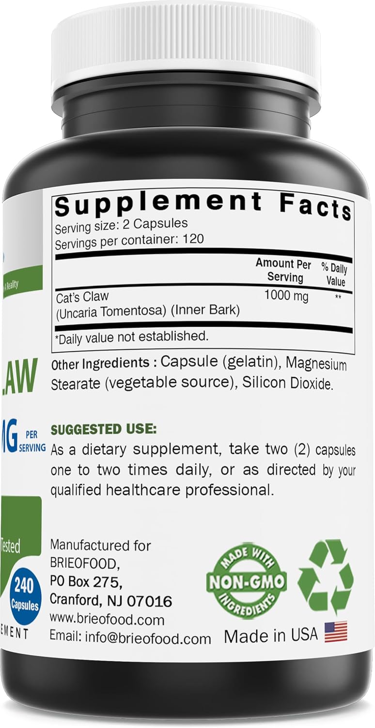 Brieofood Cat's Claw 1000 mg per Serving - 240 Capsules - Non-GMO, Gluten-free - görsel 2