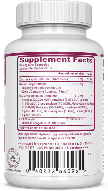 Symbiont-GI Gut Health Capsules with Zinc Carnosine PepZin GI, Shelf-Stable Probiotic, Digestive Enzymes, Slippery Elm Bark, 90 Capsules