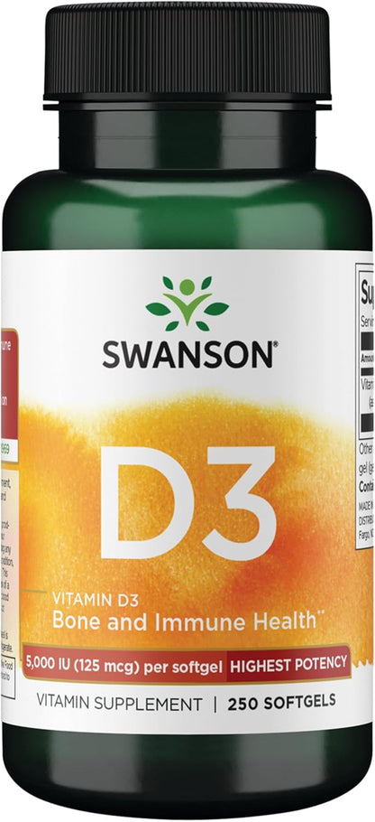 Swanson Vitamin D3 5,000 IU - 125 mcg Cholecalciferol - 250 Softgels (2 Pack)
