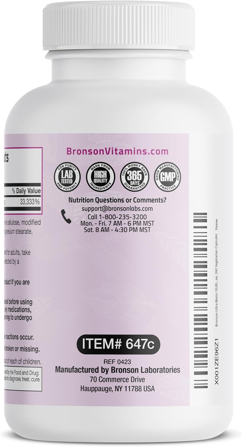 Bronson Ultra Biotin 10,000 mcg - Hair, Skin and Nails Food Supplement, 360 Vegetarian Capsules - görsel 7