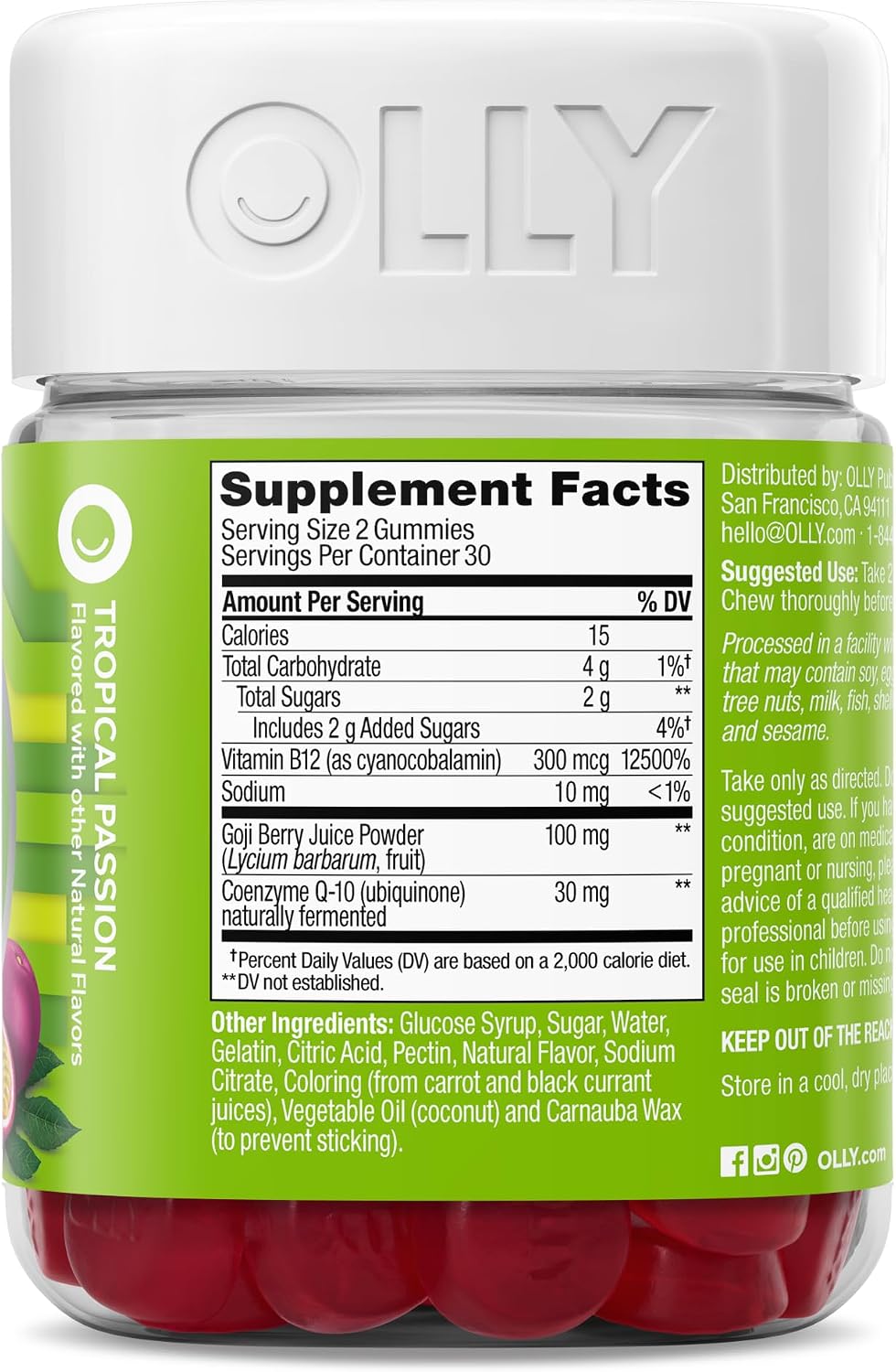 OLLY Daily Energy Gummy, Caffeine-Free, Vitamin B12, CoQ10, Goji Berry, Tropical Flavour – 60 Gummies - görsel 8