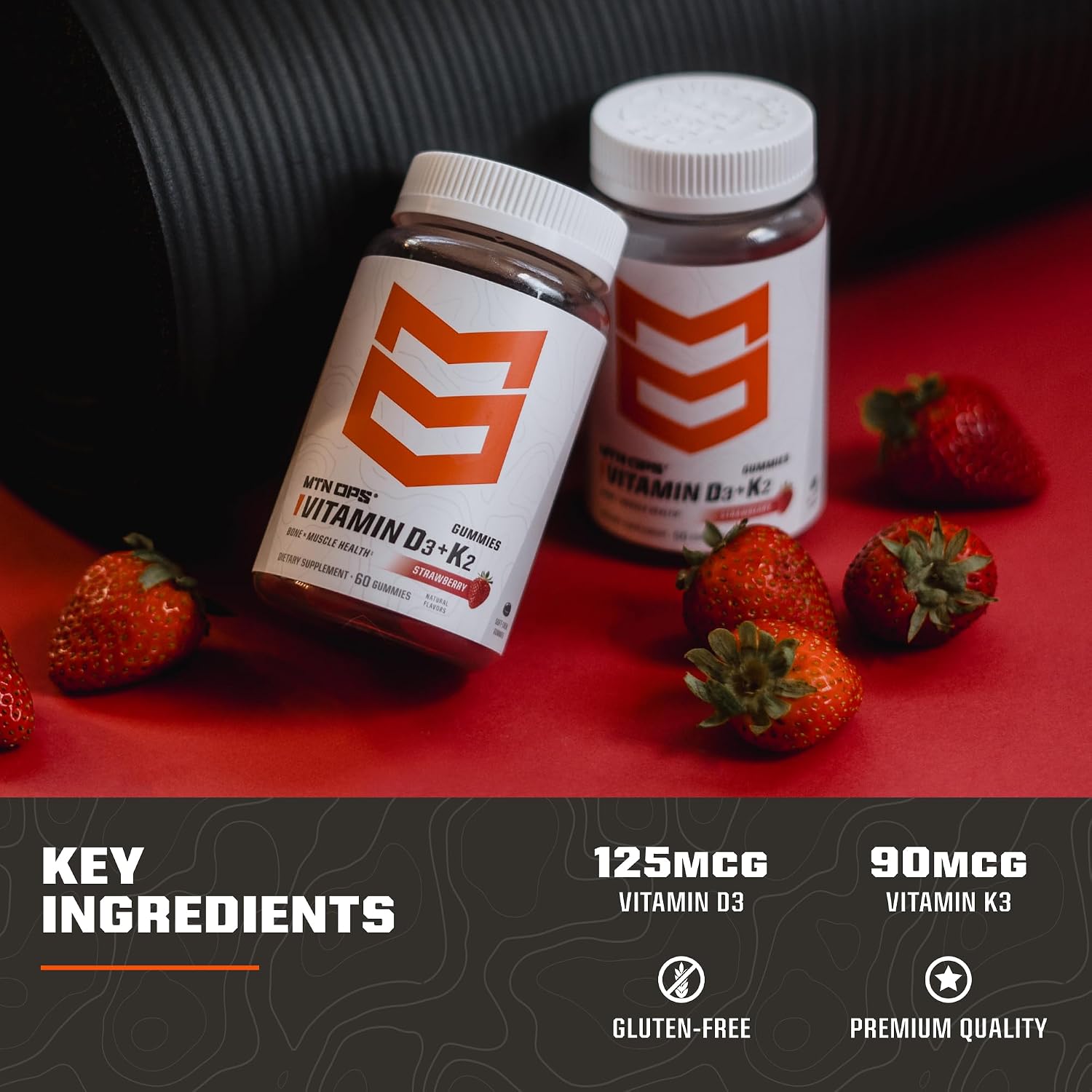 MTN OPS Vitamin D3 K2 Gummies - 5000 IU D3 & 90 mcg K2 MK-7, Natural Strawberry, 60 Gummies - görsel 4