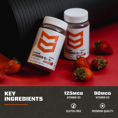 MTN OPS Vitamin D3 K2 Gummies - 5000 IU D3 & 90 mcg K2 MK-7, Natural Strawberry, 60 Gummies
