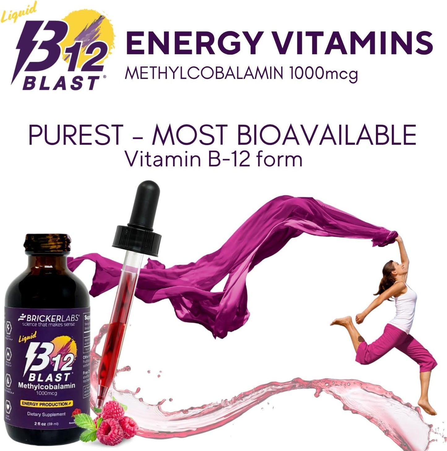 Bricker Labs B12 Blast Methylcobalamin 1000mcg Sublingual Liquid - Vegan B12 Energy Supplement, 2 fl oz - görsel 2