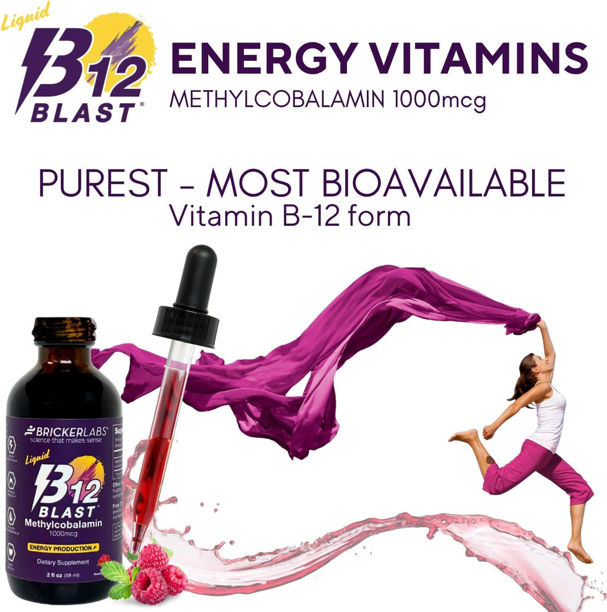 Bricker Labs B12 Blast Methylcobalamin 1000mcg Sublingual Liquid - Vegan B12 Energy Supplement, 2 fl oz - görsel 2