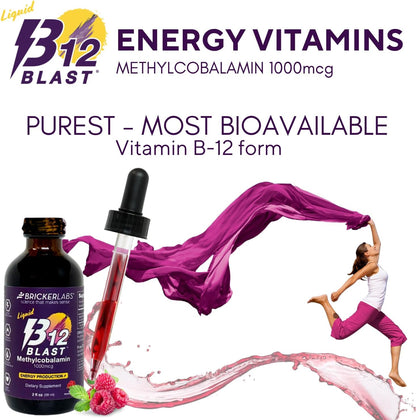 Bricker Labs B12 Blast Methylcobalamin 1000mcg Sublingual Liquid - Vegan B12 Energy Supplement, 2 fl oz