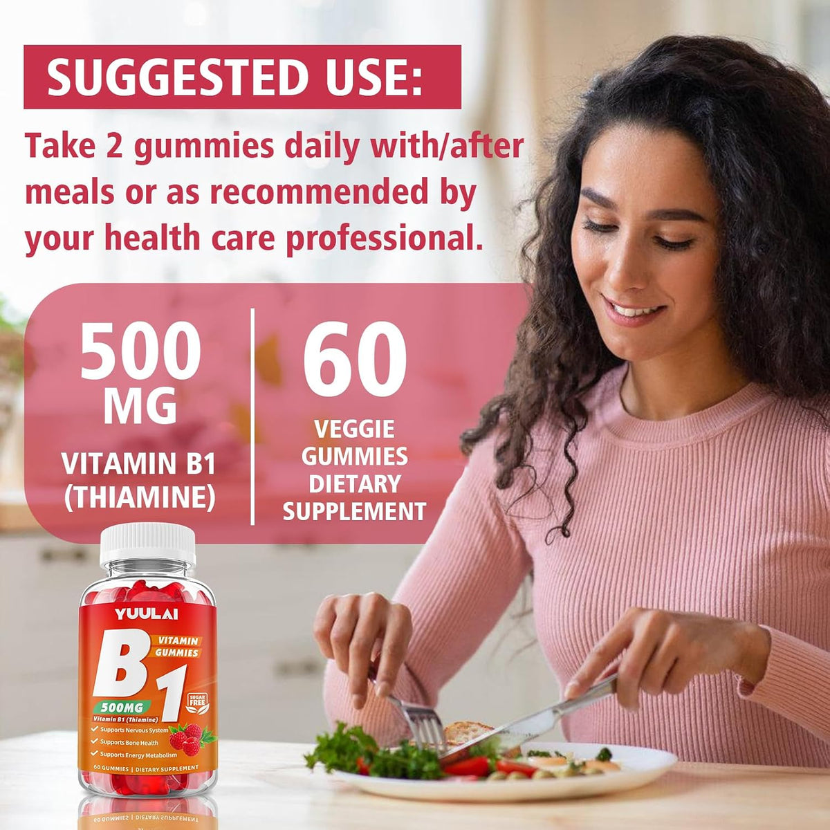 Pack of 2 Vitamin B1 Gummies 500mg for Adults and Kids, Thiamine B1 Supplement with Magnesium, Vitamin B1 Supplement for Nervous System Support and Energy Boost, Raspberry Flavour, 120 Gummies - görsel 7