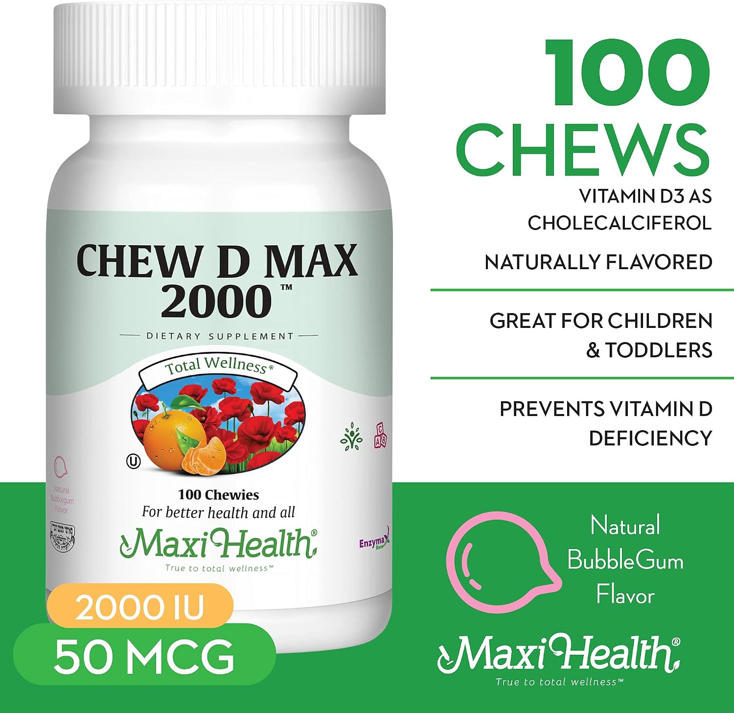 Maxi Health Chewable Vitamin D3 2000 IU Supplement - Delicious Natural Bubble Gum Flavour - Supports Normal Calcium Absorption, Immune Function and Bone Health - görsel 4
