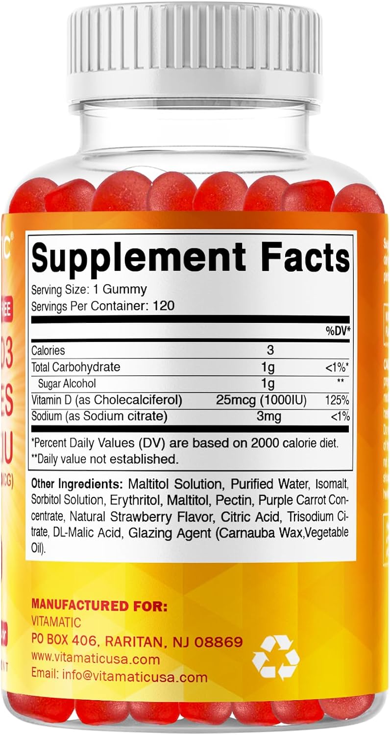 Vitamatic Sugar Free Vitamin D3 Gummies - 1000 IU - Pectin Based - Non-GMO - 120 Gummies - görsel 7