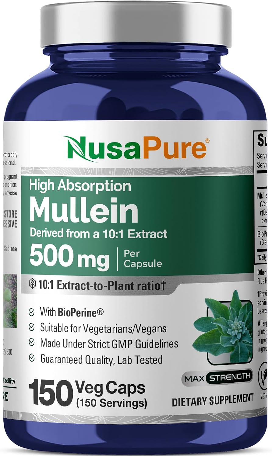 NusaPure Mullein Leaf Capsules, 500 mg, 150 Vegan Capsules (Non-GMO, Vegan) - görsel 1