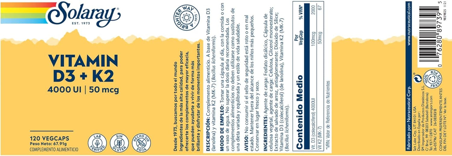 Solaray Vitamin D3 K2 – 5000 IU & 50 mcg Vitamin K2 MK-7, 120 Vegetarian Capsules - görsel 3