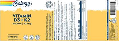 Solaray Vitamin D3 K2 – 5000 IU & 50 mcg Vitamin K2 MK-7, 120 Vegetarian Capsules