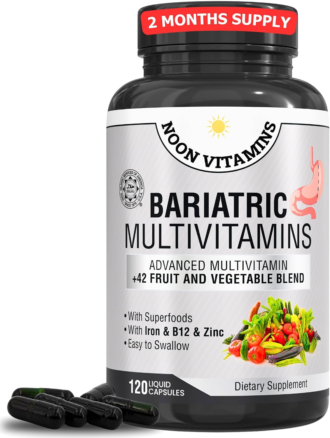 Bariatric Multivitamin with Iron for Women & Men - All-in-One 42 Superfood Blend for Energy & Immune Support - Post-Surgery Recovery, Easy-to-Swallow, Halal, Made in USA (120 Liquid Capsules) - görsel 1