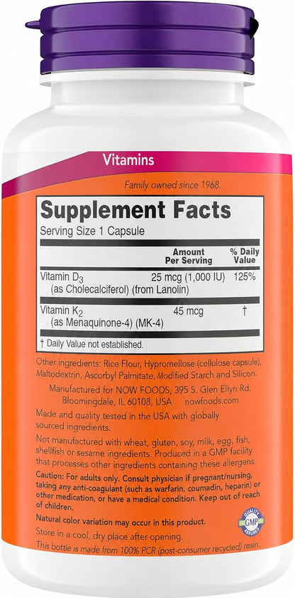 NOW Supplements Vitamin D3 and K2, 1,000 IU/45 mcg, Supports Bone Health, 180 Vegetarian Capsules – Vegan, Gluten-free, Kosher