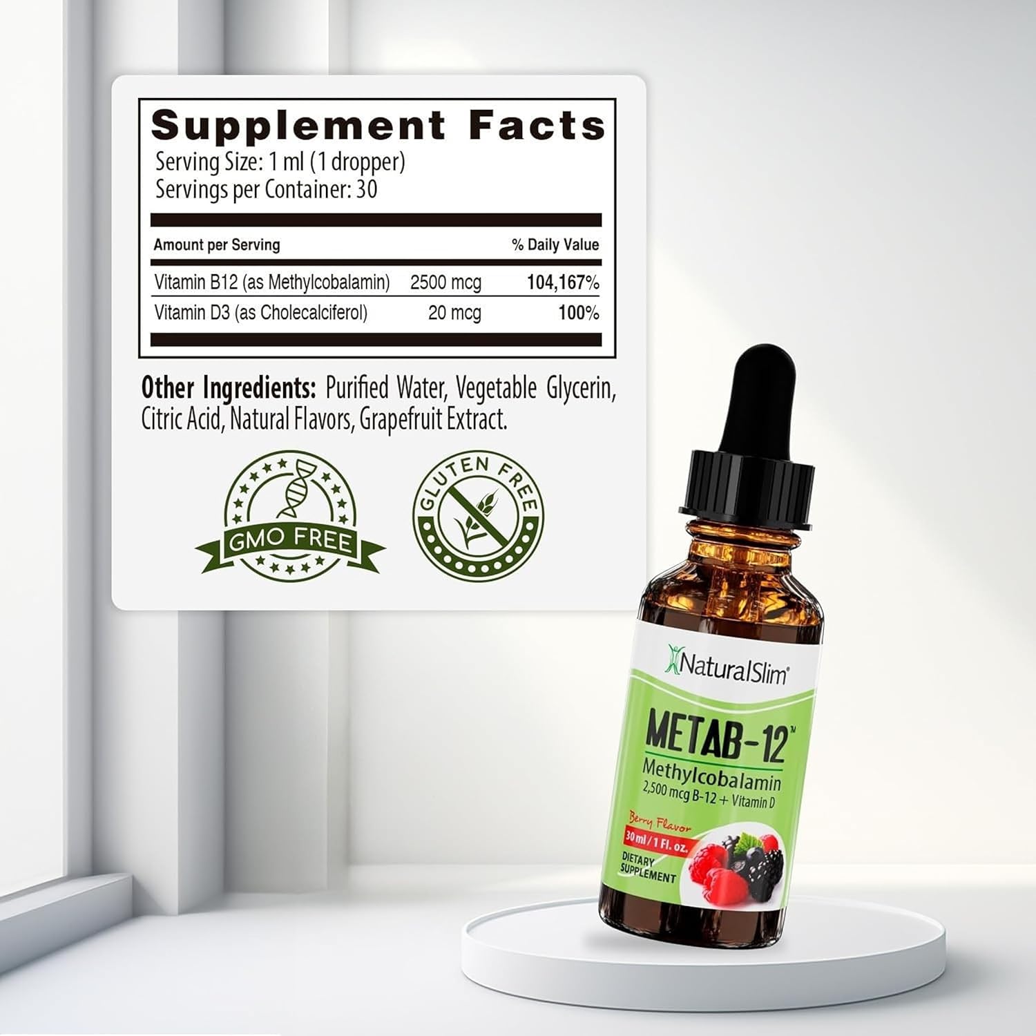 NaturalSlim Metab-12 Liquid B12 with Vitamin D - Methylcobalamin 2500 mcg Sublingual Drops, Berry Flavour, 30 ml - görsel 2