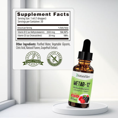 NaturalSlim Metab-12 Liquid B12 with Vitamin D - Methylcobalamin 2500 mcg Sublingual Drops, Berry Flavour, 30 ml