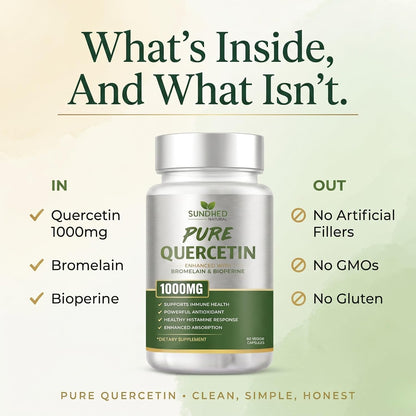 Pure Quercetin with Bromelain and Bioperine - Antioxidant Support, Extra Strong Formula with 1000mg, 1-Month Supply