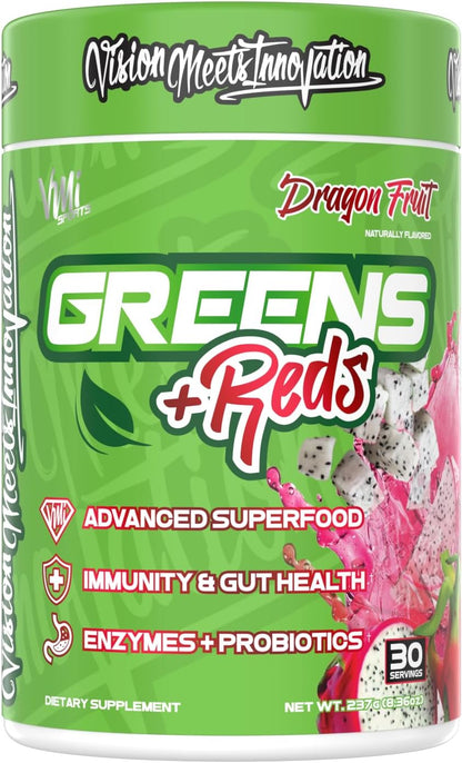 VMI Sports Greens + Reds Advanced Superfood - Immunity & Gut Health with Enzymes & Probiotics, 30 Servings (Raspberry Lemonade)