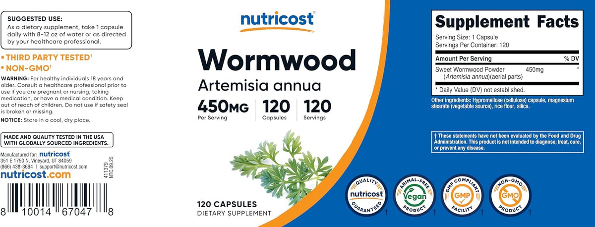 Nutricost Wormwood Capsules 450mg, 120 Vegetarian Capsules - görsel 6
