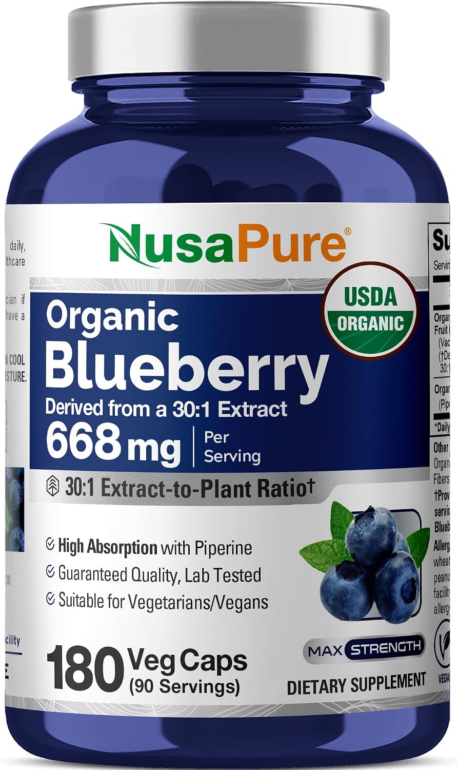 NusaPure Organic Blueberry Capsules, 668 mg, 180 Veg Capsules - görsel 1