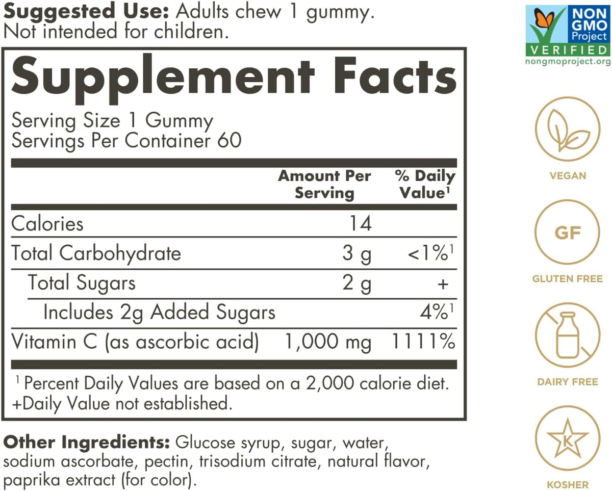 Solgar Vitamin C Gummies for Adults 1,000mg Ultra Potency - Tart Orange Flavour, Vegan & Gluten-Free, 60 Servings - görsel 2