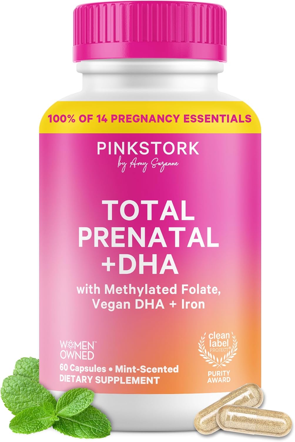 Pink Stork Total Prenatal Vitamins - 60 Capsules, Mint - Vegan DHA, Methylfolate, Iron, Choline - görsel 1