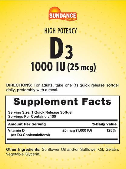 Sundance Vitamin D3 1000 IU (25 µg) – 100 Soft gel capsules, High Potency, Non-GMO & Gluten-free