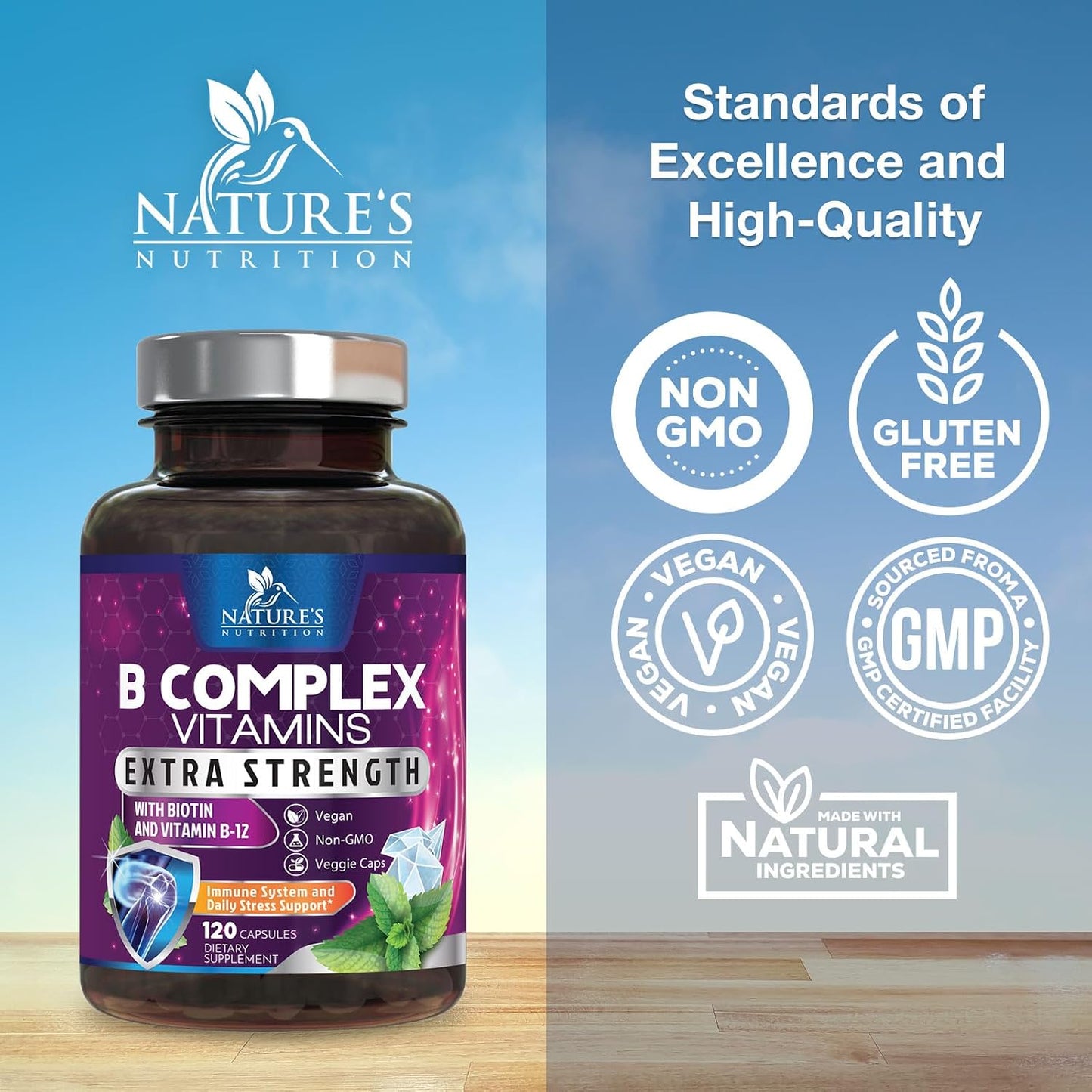 B Complex Vitamins Capsules - Super Complete B-100 Complex with Vitamin B12, B6, C, Biotin, Folate & Folic Acid for Immune & Energy Support - Food Supplement for Heart, Brain & Nerve Support - 120 Capsules - görsel 4