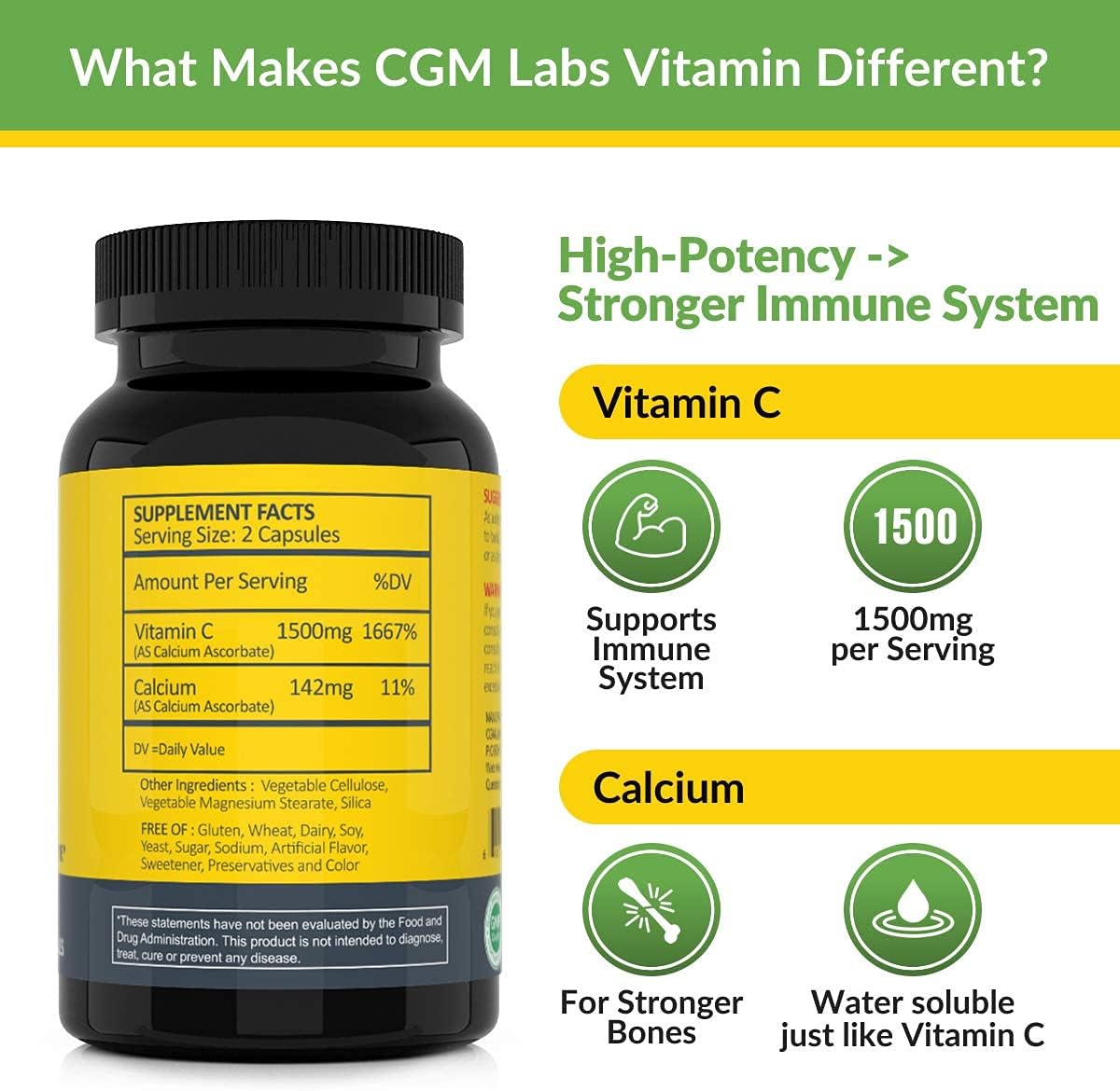 Non Acidic Vitamin C Food Supplement 1500mg with Calcium - Gentle on Stomach, Immune/Bone Support - 100 Caps by CGM Labs - görsel 3