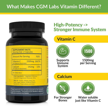 Non Acidic Vitamin C Food Supplement 1500mg with Calcium - Gentle on Stomach, Immune/Bone Support - 100 Caps by CGM Labs